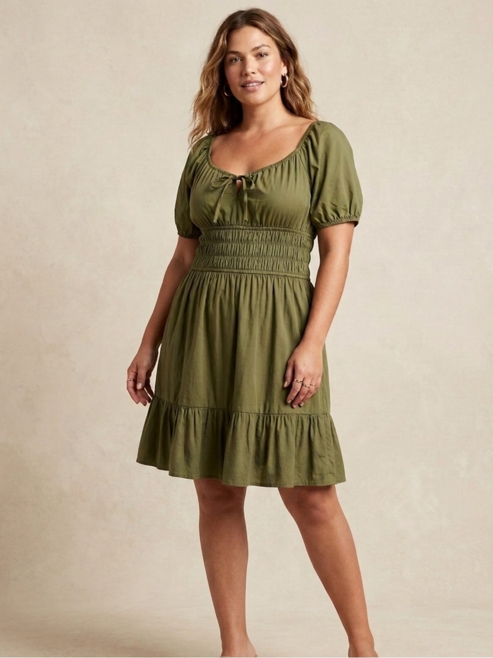 GAP Olive Green Smocked Waist Tiered Dress with Puff Sleeves